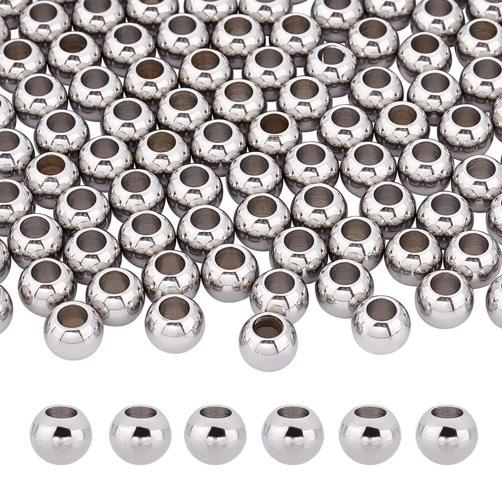 6352 100Pcs 8mm Round Metal Beads Stainless Steel Spacer Beads Large Hole